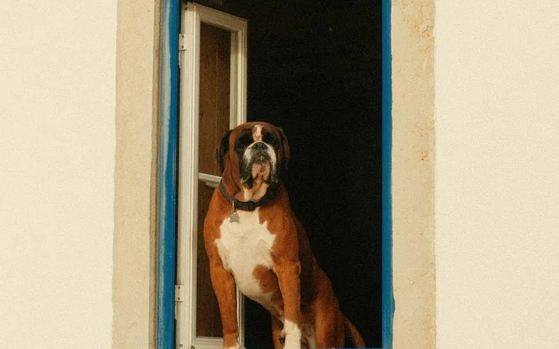 Boxer dog sitting in a sunlit window at home